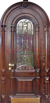 Арочная металлическая дверь массив со стеклом и ковкой ДА-50 в Кашире