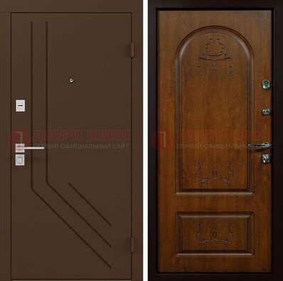 Коричневая стальная дверь с фрезерованной МДФ с узором ДМ-294 в Кашире