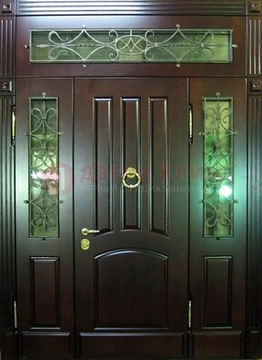 Стальная парадная дверь со стеклом и ковкой ДПР-18 для деревянного дома в Краснодаре