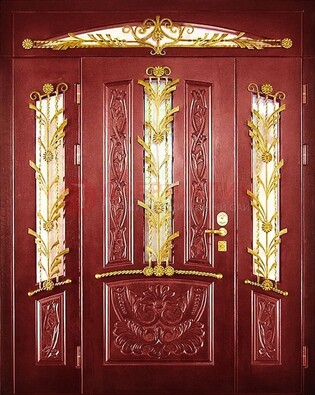 Бордовая железная парадная дверь со стеклом и ковкой ДПР-75 в Краснодаре