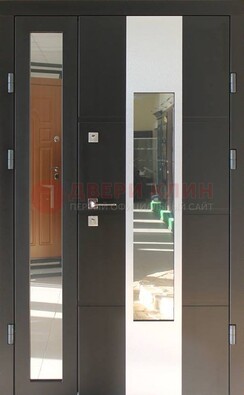 Темная полуторная стальная дверь со стеклом ДС-10 в Кашире