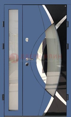 Синяя металлическая дверь со стеклом и узором ДС-13 в Кашире