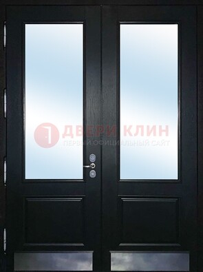 Черная двухстворчатая металлическая дверь со стеклом ДС-25 в Раменском