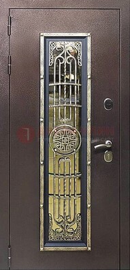 Железная дверь цвета медный антик со стеклом и ковкой ДСК-105 в Солнечногорске