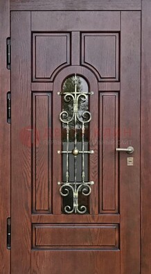 Cтальная дверь со стеклом и ковкой в коричневом цвете ДСК-119 в Кашире