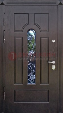 Металлическая дверь со стеклом и ковкой в цвете венге ДСК-142 в Кашире