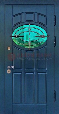 Синяя металлическая дверь со стеклом и ковкой ДСК-143 в Кашире