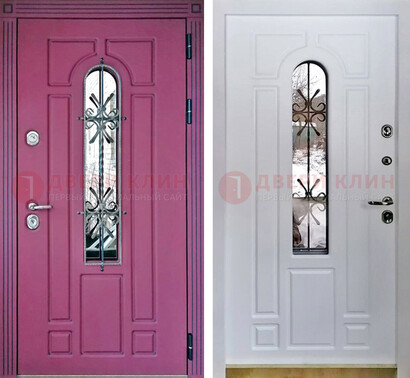 Розовая металлическая дверь со стеклом и ковкой ДСК-151 в Твери