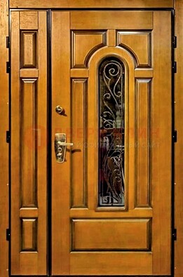 Распашная металлическая дверь со стеклом и ковкой для дома ДСК-152 в Краснодаре