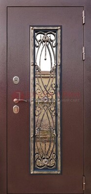 Коричневая стальная дверь порошок со стеклом и ковкой для дома ДСК-169 в Кашире