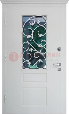 Белая металлическая дверь винорит со стеклом и ковкой ДСК-184 в Челябинске