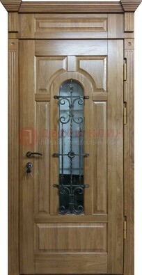 Металлическая дверь массив со стеклом и ковкой для дома ДСК-246 в Кашире