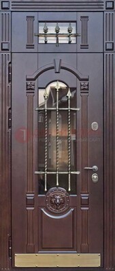 Металлическая дверь массив со стеклом и ковкой с фрамугой ДСК-249 в Кашире