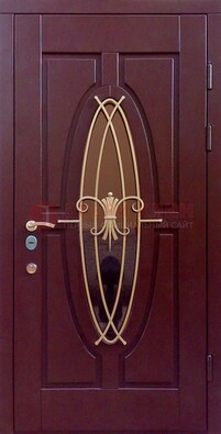 Бордовая стальная дверь Винорит со стеклом и ковкой ДСК-263 в Кашире