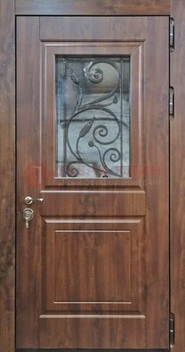 Железная дверь Винорит стекло и ковка с цветом под дерево ДСК-266 в Кашире