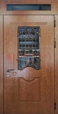 Металлическая входная дверь со стеклом и ковкой для дома ДСК-96 в Кашире