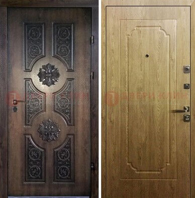 Железная коричневая дверь с виноритом и терморазрывом Золотой дуб внутри ДВТ-101 в Кашире