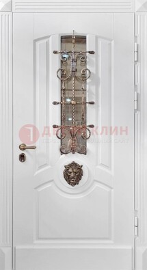 Белая металлическая дверь с виноритом и стеклом с ковкой ДВТ-165 в Дмитрове