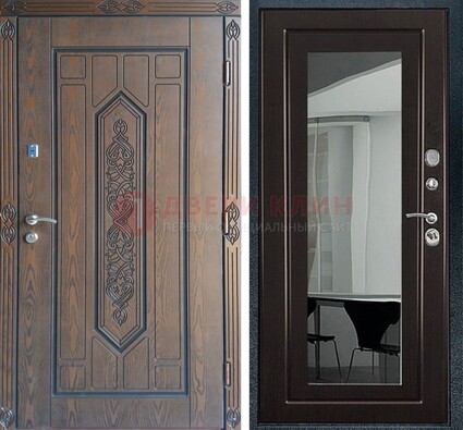 Уличная коричневая дверь c виноритом и МДФ Венге с зеркалом ДЗ-116 в Кашире