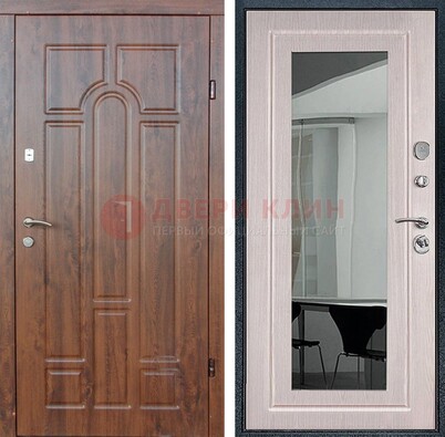 Входная коричневая дверь с МДФ Белый дуб и зеркалом ДЗ-126 в Кашире