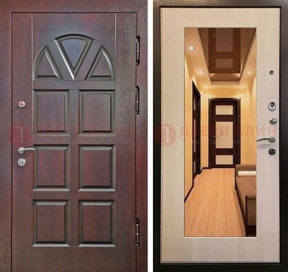 Темная железная дверь с МДФ и зеркалом в квартиру ДЗ-135 в Кашире