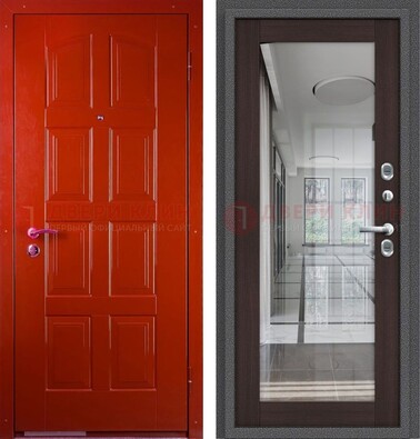 Красная металлическая дверь с МДФ и зеркалом ДЗ-136 в Кашире