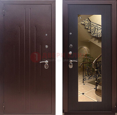 Бордовая металлическая дверь с зеркалом МДФ внутри ДЗ-17 в Балашихе