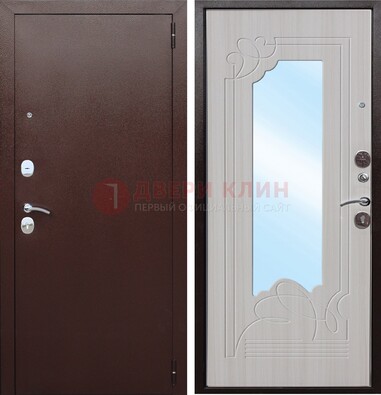 Коричневая металлическая дверь с зеркалом МДФ внутри ДЗ-33 в Кашире