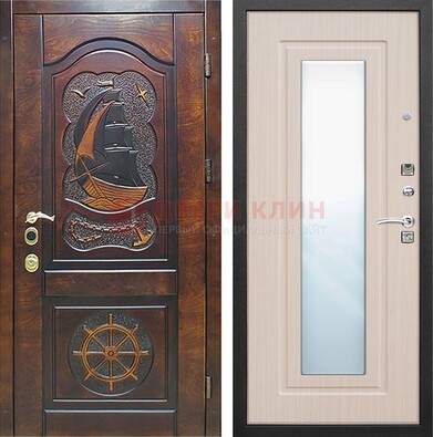 Темная уличная дверь с резьбой и зеркалом внутри ДЗ-49 в Балашихе