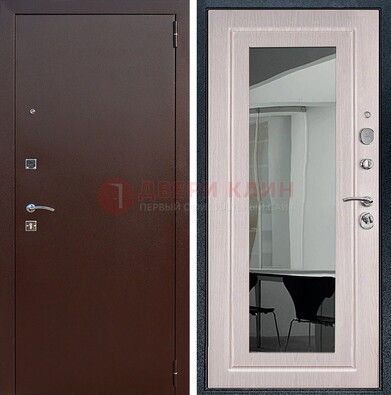 Входная дверь с порошковым напылением Медный антик/Белый дуб с зеркалом ДЗ-63 в Уфе
