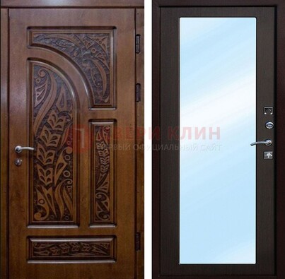 Коричневая входная дверь c узором и виноритом МДФ с зеркалом ДЗ-98 в Кашире