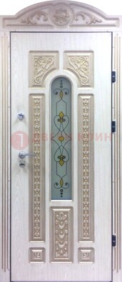 Белая железная дверь с МДФ и витражом ВЖ-26 в Кашире
