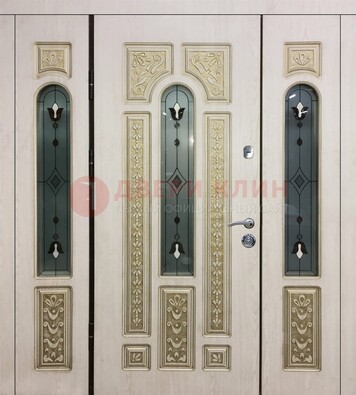 Светлая железная дверь с МДФ и витражом ВЖ-34 в Кашире