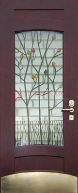 Бордовая стальная дверь с витражом и декоративным элементом ВЖ-3 в Кашире